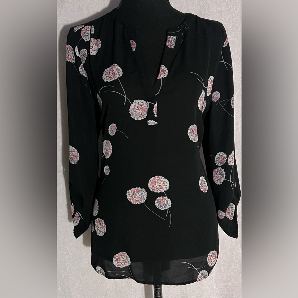 Daniel Rainn Black Blouse with Pink Floral Design